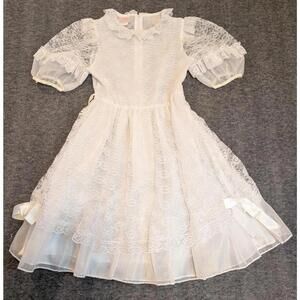 RoseCottage Girls Size 7 White Lace Flower Girl Dress Puff Sleeves Ruffle Collar